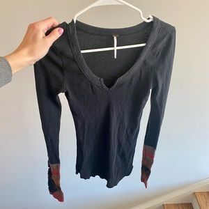 Free People Black Long Sleeve Tee, embroidered